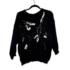 Vintage 1980s Shenanigans Black Sweater Appliqué Embroidery Beaded Mod Large
